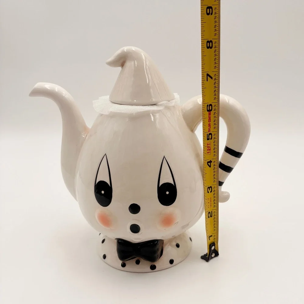 Johanna Parker Gus Ghost Clown Ceramic Teapot White Black Polka Dot Halloween